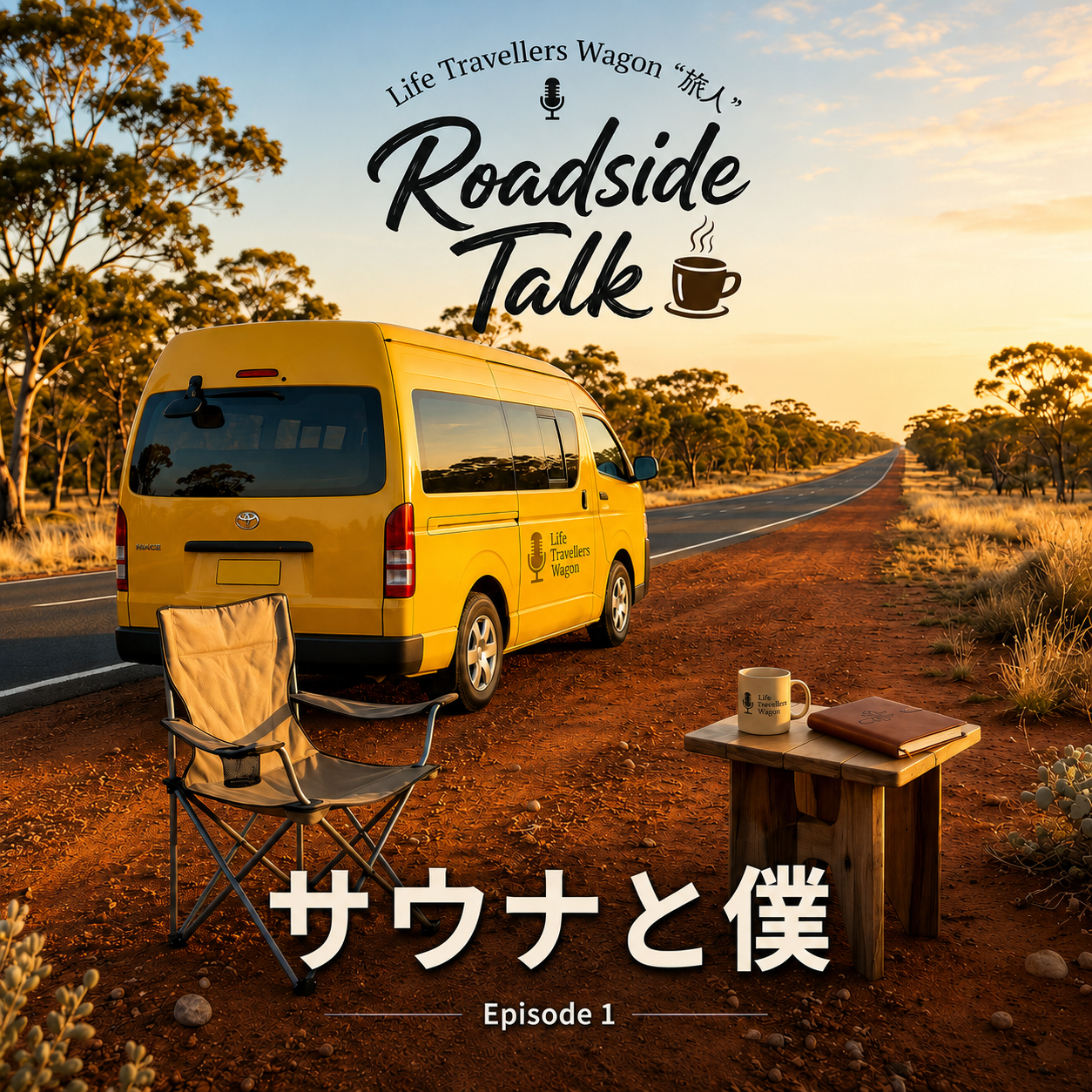 オーストラリアの道端に停まる黄色いワゴンを描いたRoadside Talkの番組サムネイル